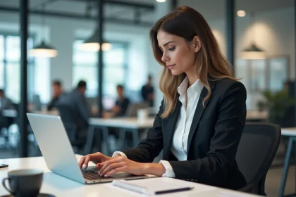 Femme professionnelle consultant un extrait Kbis imprimé sur son bureau de travail moderne