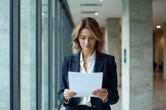 Femme professionnelle consultant un document juridique dans un édifice gouvernemental du Québec illustrant la loi 14 sur la langue française