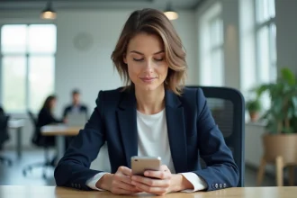 Femme professionnelle en blazer marine rédigeant un SMS de relance client sur son smartphone dans un bureau moderne