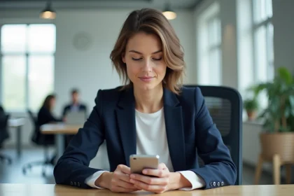 Femme professionnelle en blazer marine rédigeant un SMS de relance client sur son smartphone dans un bureau moderne