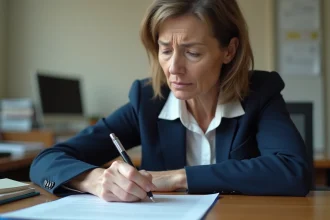 Femme rédigeant une plainte officielle dans un bureau administratif
