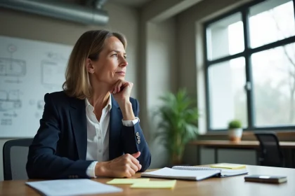 Femme en blazer marine réfléchissant à une prise de décision devant un tableau blanc dans un bureau moderne
