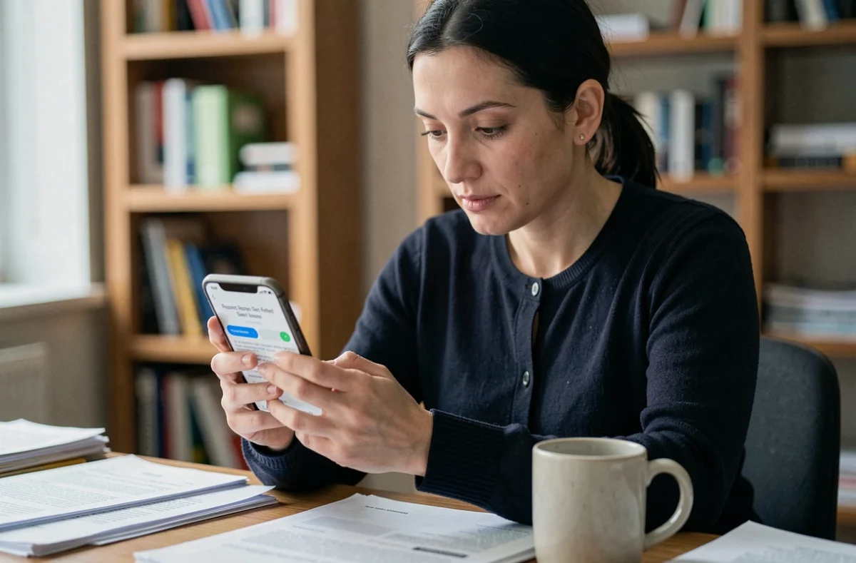 Femme consultant un email de réinitialisation de mot de passe GTM extra La Poste sur smartphone depuis chez elle