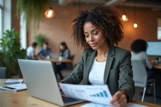 Jeune femme dans un bureau de start-up analysant des documents de salaires et graphiques de rémunération sur ordinateur portable