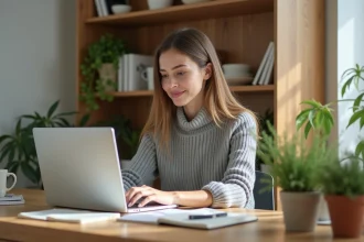 Femme travaillant depuis chez elle sur un ordinateur portable dans un bureau à domicile bien aménagé