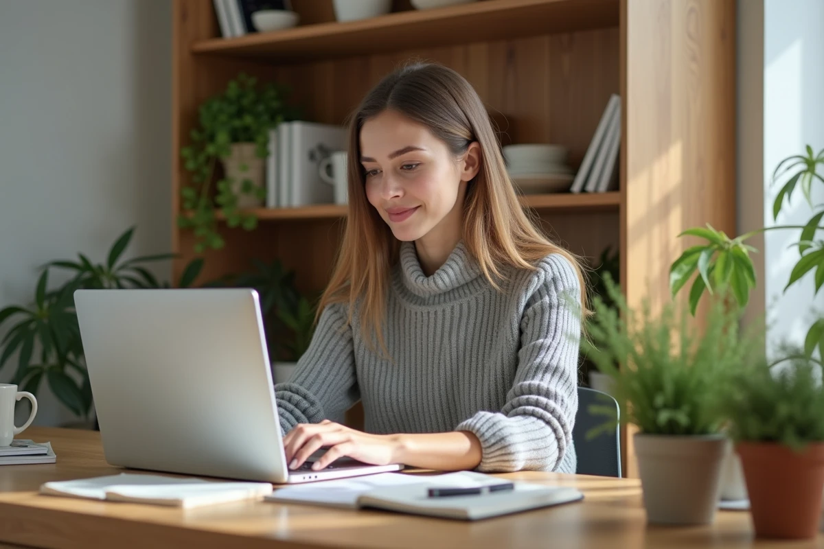 Femme travaillant depuis chez elle sur un ordinateur portable dans un bureau à domicile bien aménagé