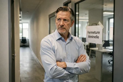 Chef d'entreprise devant la porte fermée de son bureau pendant la période de congé annuel obligatoire