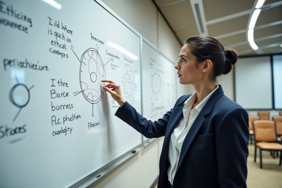 Femme professionnelle présentant les piliers de la responsabilité sociétale ISO 26000 devant un tableau blanc avec des schémas