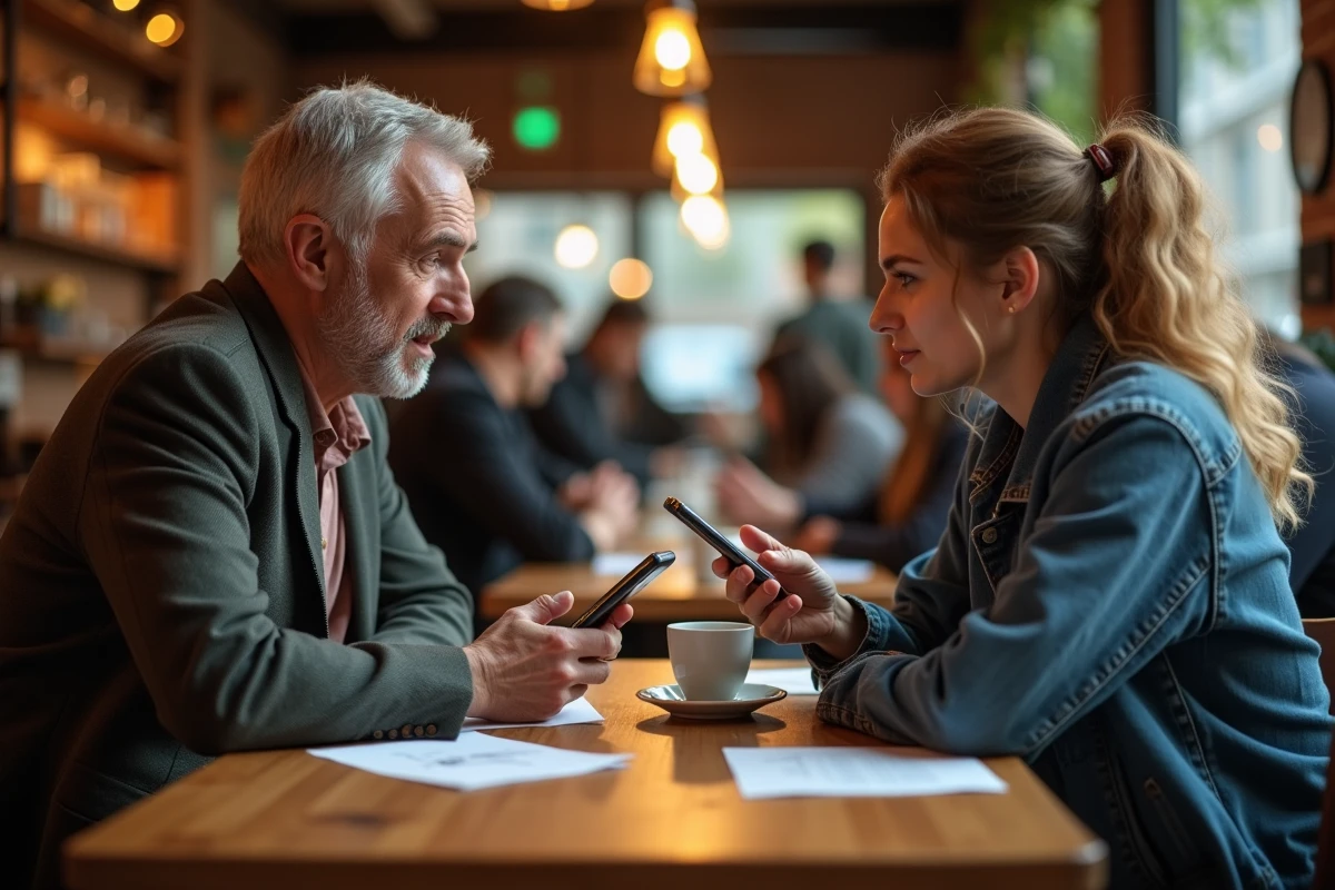 Un homme au téléphone ignoré par une femme sur son smartphone dans un café, symbolisant le manque d'écoute dans la communication