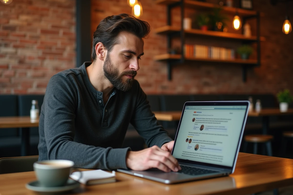 Un entrepreneur gère les avis en ligne de son entreprise depuis un café avec un outil de réputation numérique