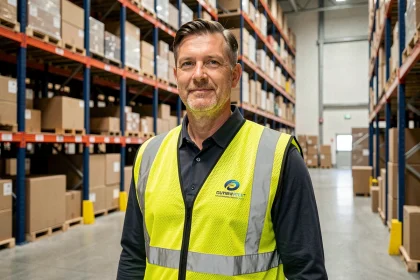 Superviseur de entrepôt portant un gilet de sécurité jaune personnalisé avec logo imprimé dans un grand entrepôt logistique