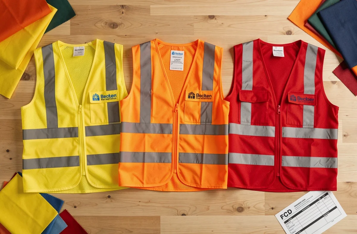 Trois gilets de sécurité haute visibilité personnalisés en jaune, orange et rouge présentés en flatlay sur une table en bois avec des échantillons de tissu