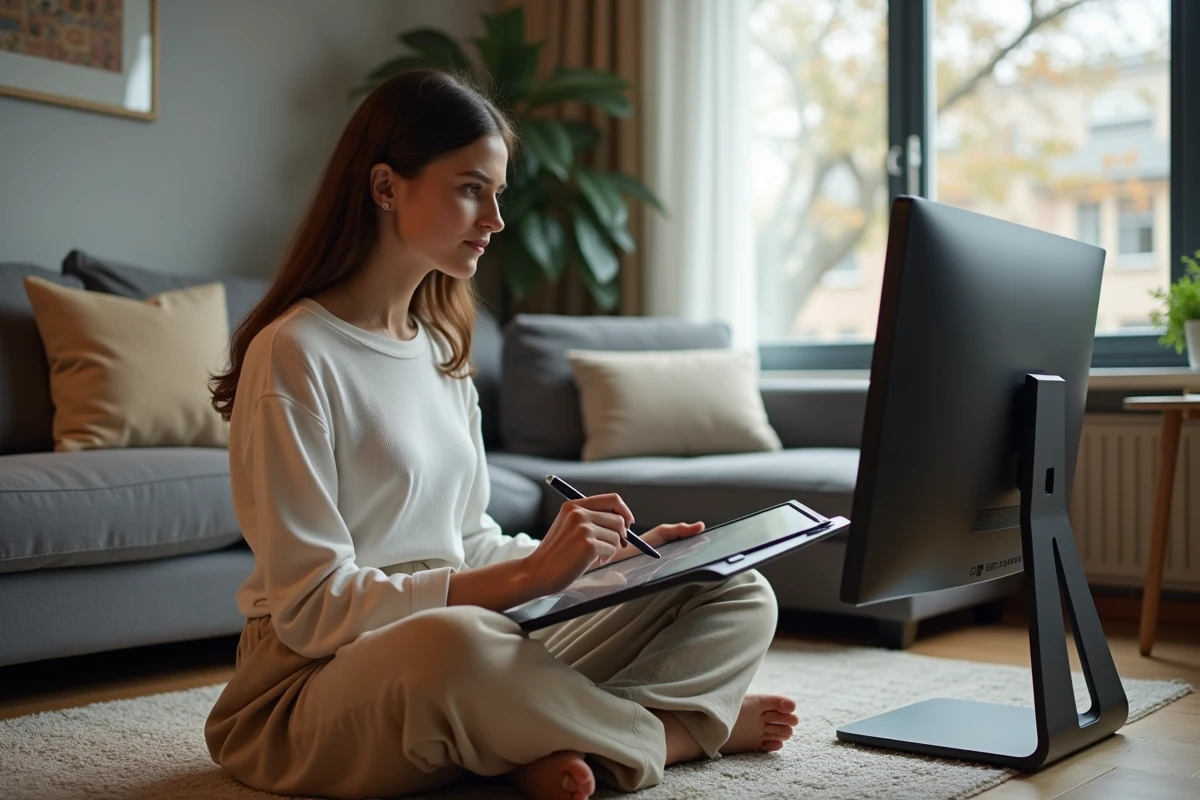 Jeune femme graphiste freelance travaillant sur une tablette graphique dans son salon