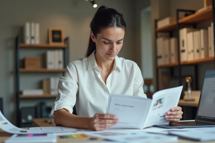 Graphiste examinant des brochures imprimées commandées en ligne dans un studio de design moderne