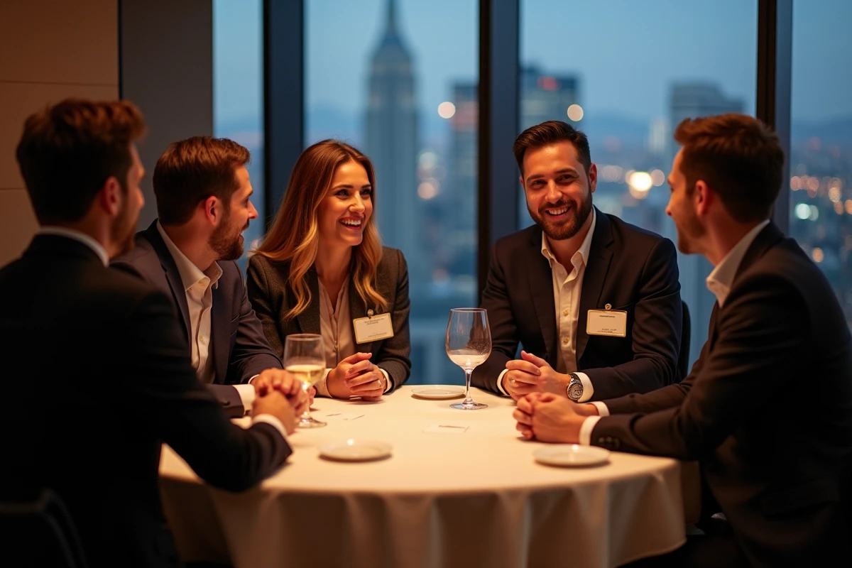 Groupe de professionnels en discussion autour d'une table haute lors d'une soirée networking B2B avec vue sur la ville