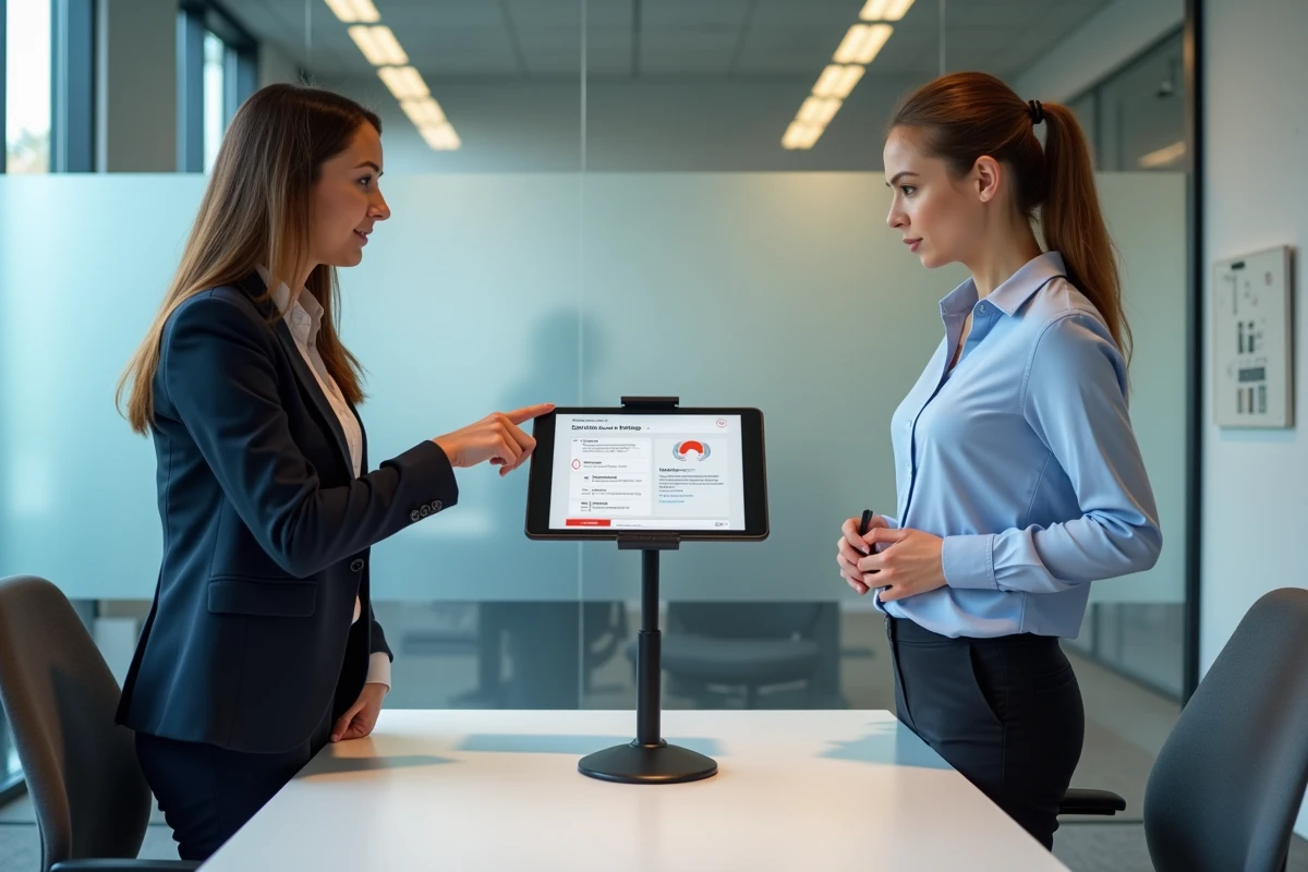 Deux collègues consultant le guide de démarrage Extrabat sur une tablette lors d'une session de formation en salle de réunion