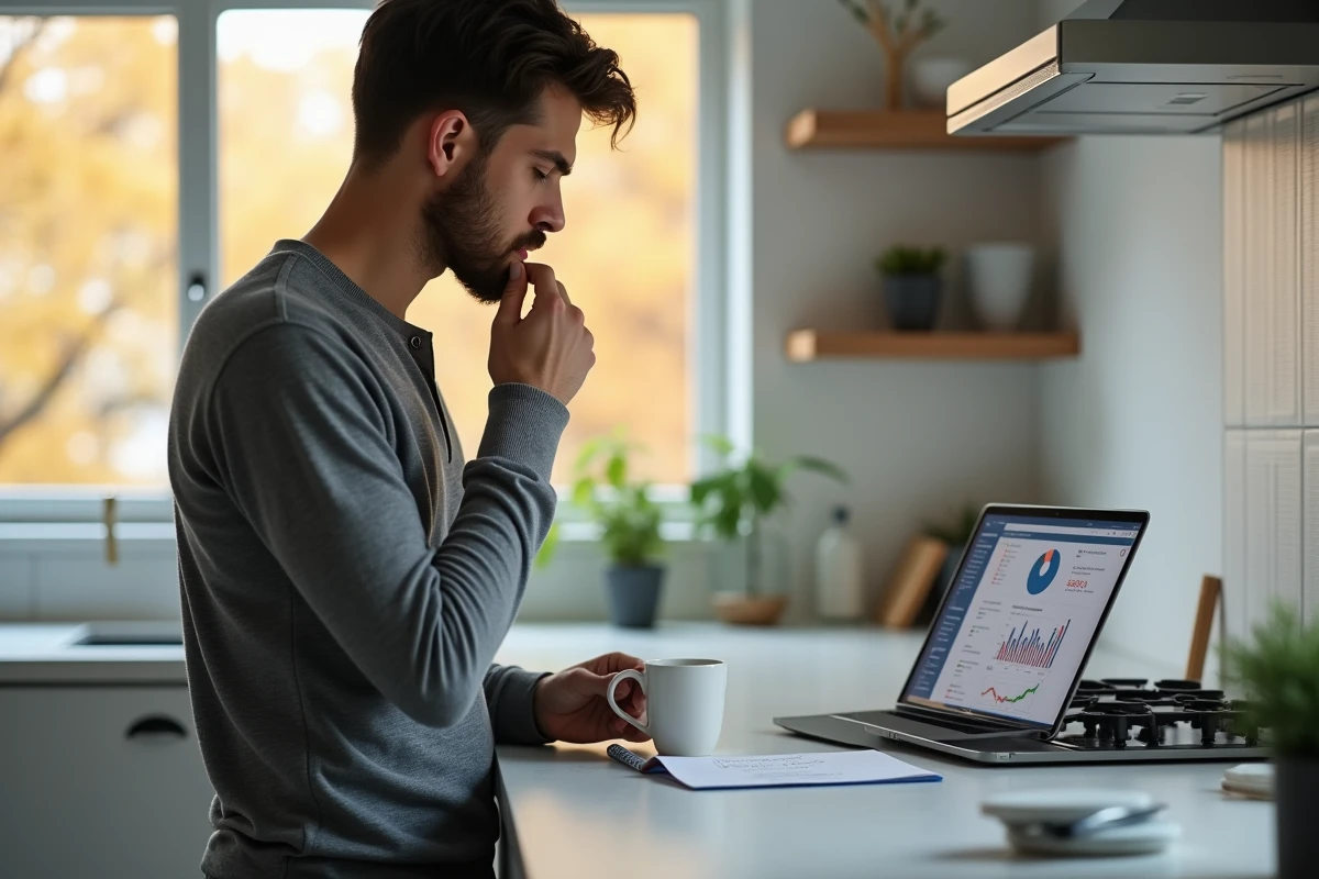 Jeune homme concentré analysant des données sur un ordinateur portable pour prendre une décision dans une cuisine moderne