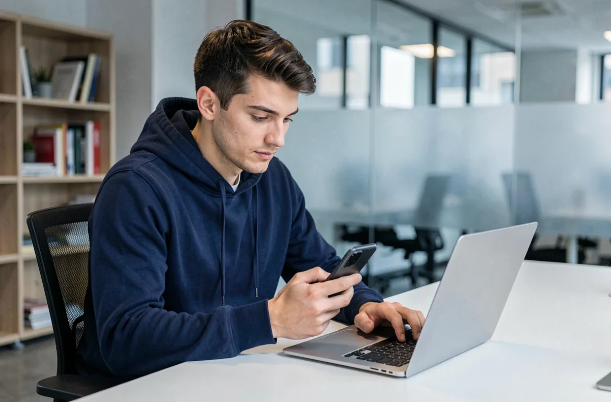 Homme consultant son smartphone pour comparer les numéros gratuits et payants d'Orange au bureau