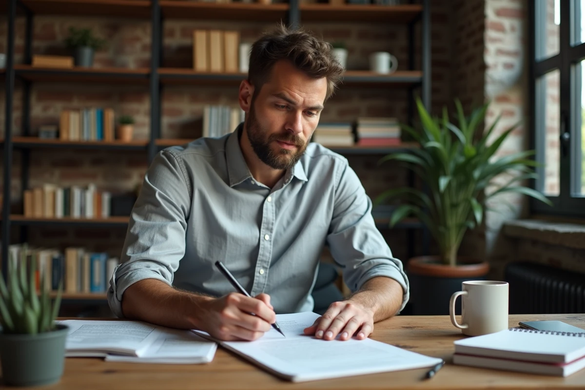 Homme consultant le document de la norme ISO 26000 sur la responsabilité sociale à son bureau avec des notes manuscrites