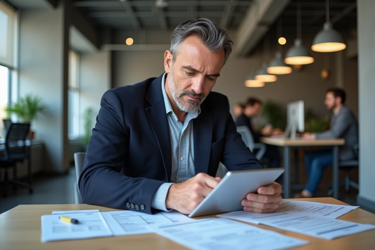 Homme d'affaires comparant des devis imprimés et des prestataires en ligne dans un espace de coworking moderne