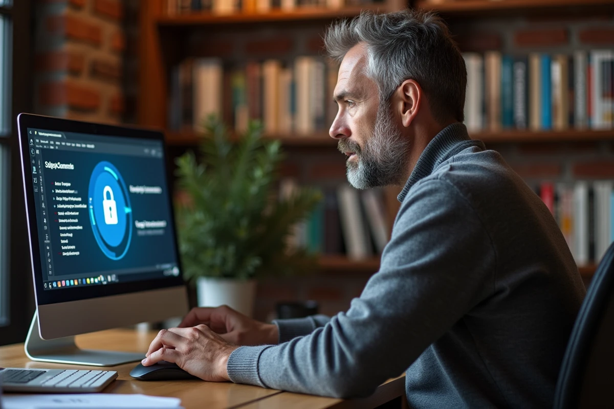 Homme consultant les paramètres de confidentialité et de protection des données sur un ordinateur portable dans un bureau à domicile
