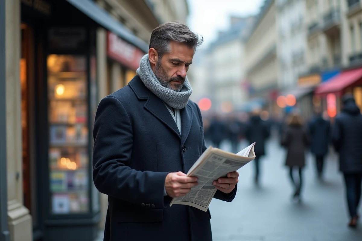 Homme lisant un quotidien dans la rue devant un kiosque à journaux en ville, symbolisant la popularité de la presse quotidienne