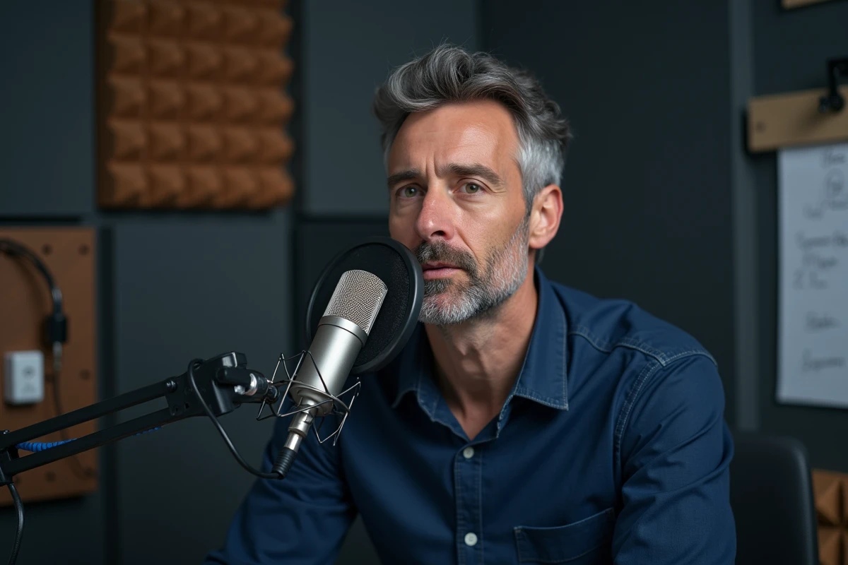 Homme enregistrant un podcast depuis son studio maison avec un microphone professionnel
