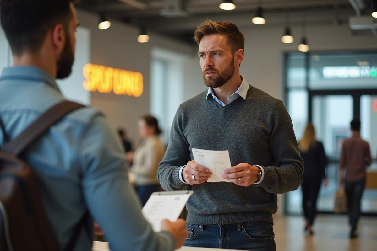 Homme déposant une réclamation au service clientèle avec un reçu à la main