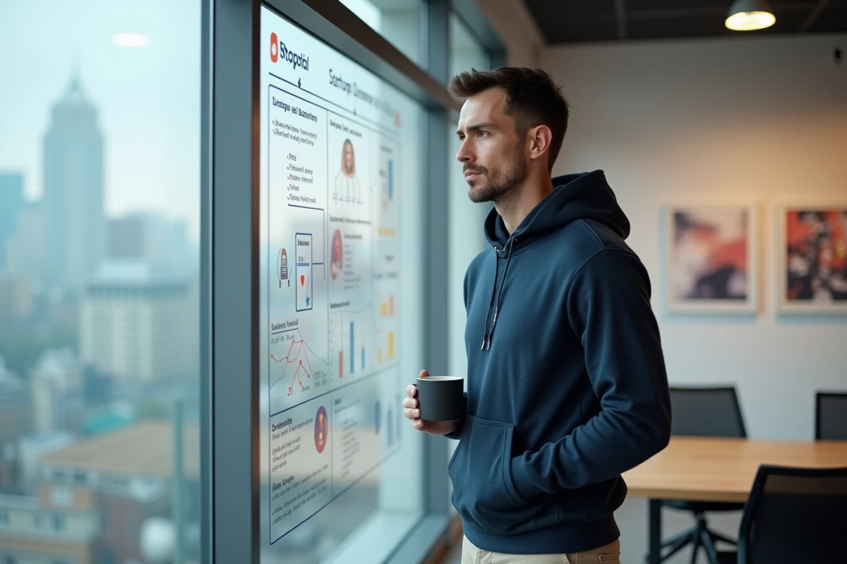 Jeune homme en start-up devant un tableau blanc avec projections financières et organigramme d'entreprise dans un espace de coworking moderne