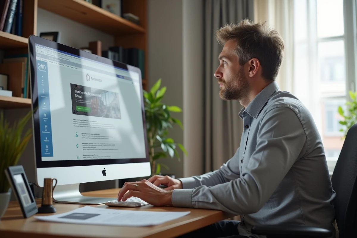 Homme téléchargeant un extrait Kbis en ligne depuis son bureau à domicile