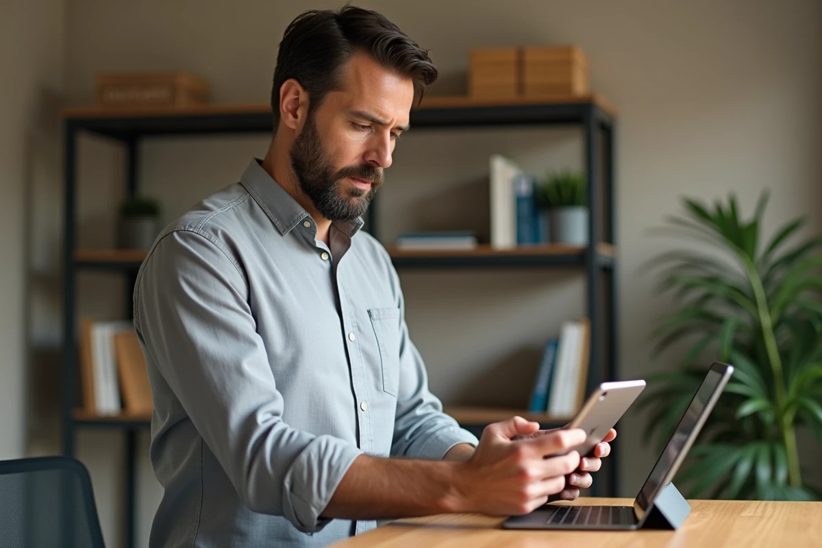Homme en télétravail consultant ses notes de relance client sur tablette et smartphone dans un bureau à domicile
