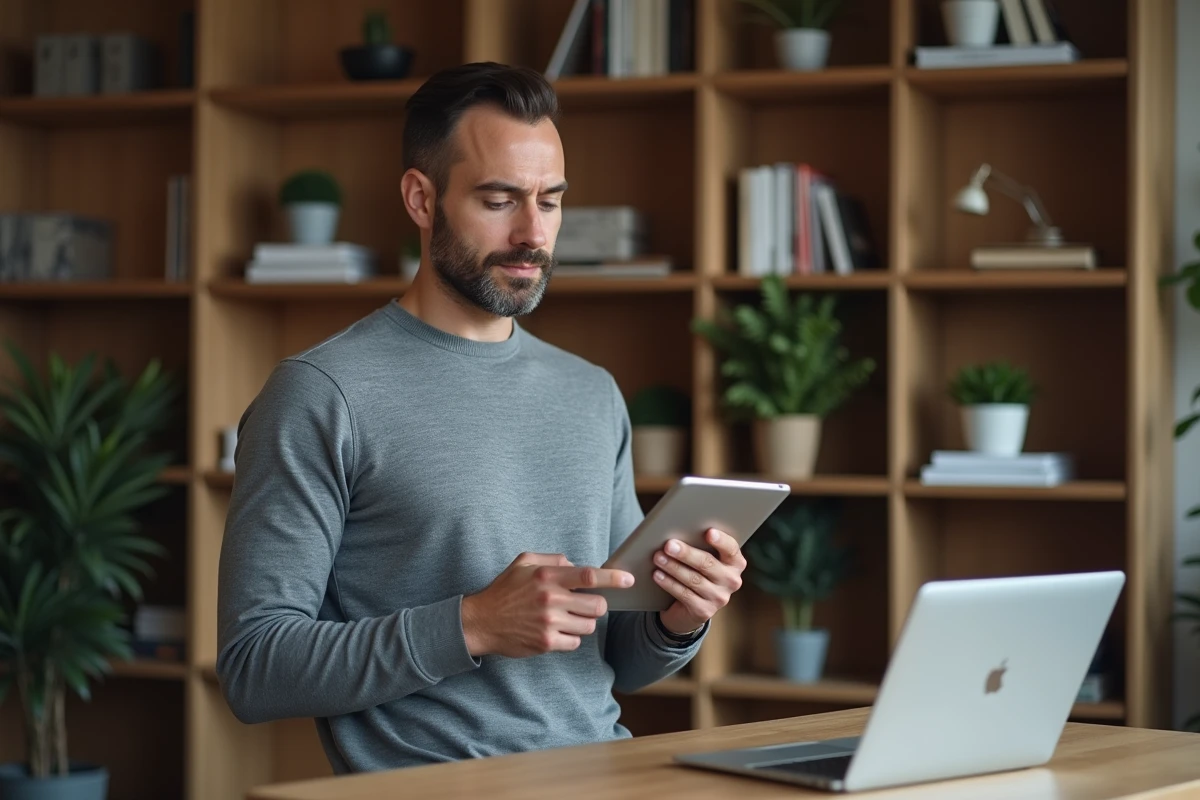 Homme en télétravail gérant son activité via un tableau de bord numérique sur tablette