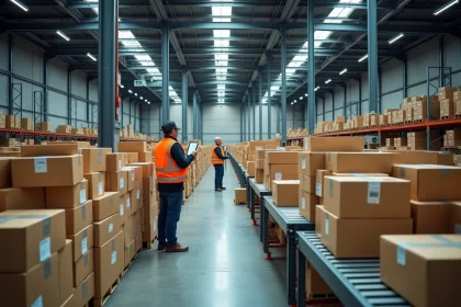 Entrepôt de tri de colis Mondial Relay avec convoyeurs et cartons empilés dans un hub logistique