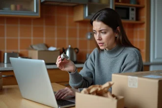 Femme frustrée devant un colis endommagé reçu après un achat en ligne