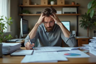 Entrepreneur seul face aux contraintes administratives et fiscales de l'EURL, stressé devant des documents