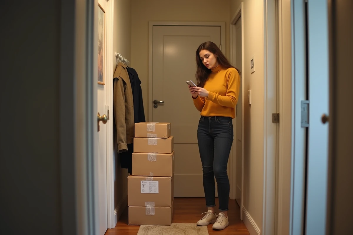 Jeune femme recevant de nombreux colis à domicile, illustrant les problèmes de livraison du commerce en ligne