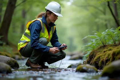 Ingénieure environnementale testant la qualité de l'eau dans une rivière forestière lors d'une inspection de terrain liée aux normes environnementales