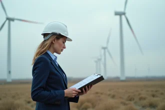 Ingénieure analysant un plan de décarbonation devant un parc éolien industriel