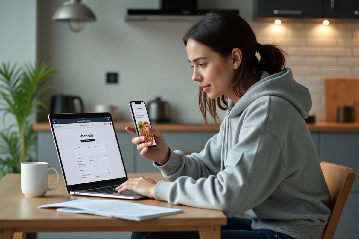 Femme s'inscrivant comme chauffeuse Uber Eats en ligne depuis son appartement avec un laptop et smartphone