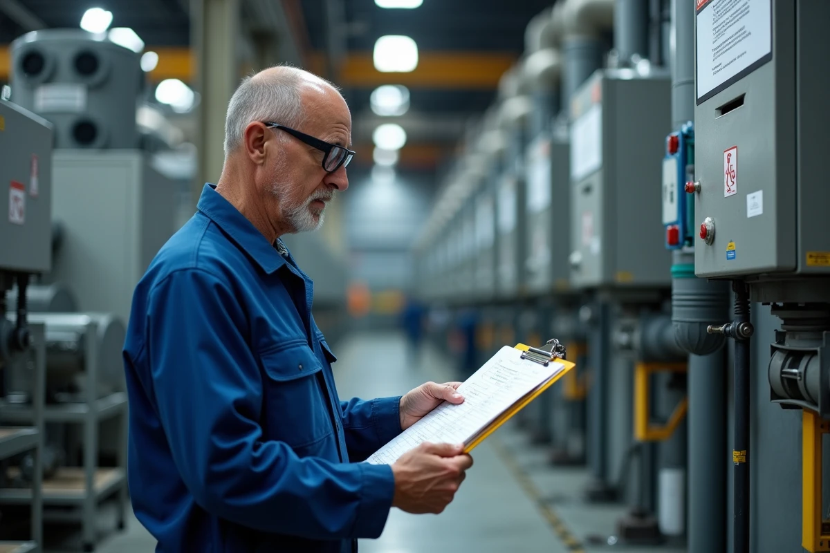 Inspecteur industriel vérifiant un système de filtration de l'air en usine dans le cadre du respect des normes environnementales