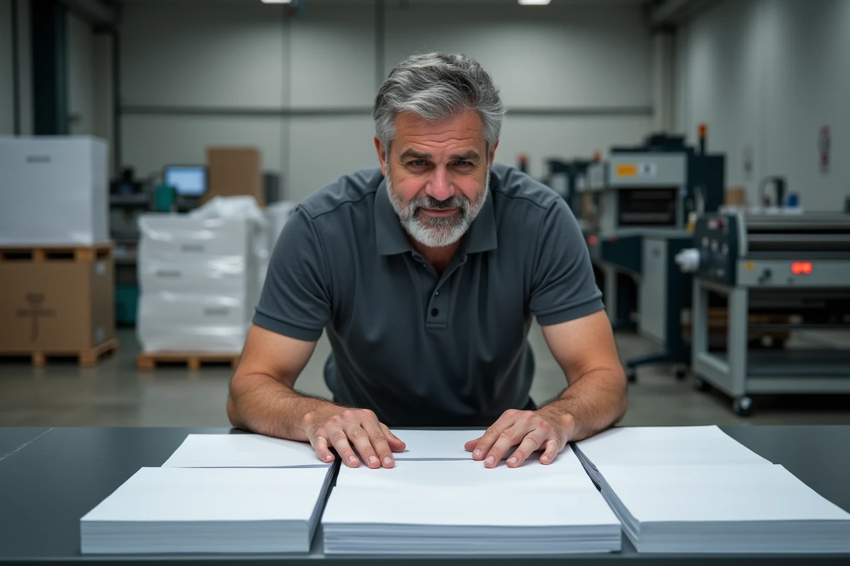 Expert en imprimerie inspectant la qualité de finition de cartes de visite dans un atelier de façonnage professionnel
