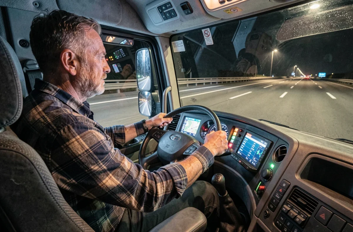 Intérieur de la cabine d'un camion poids lourd de nuit avec chauffeur routier sur l'autoroute