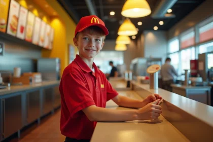 Jeune employé de 16 ans en uniforme McDonald's derrière le comptoir préparant une commande