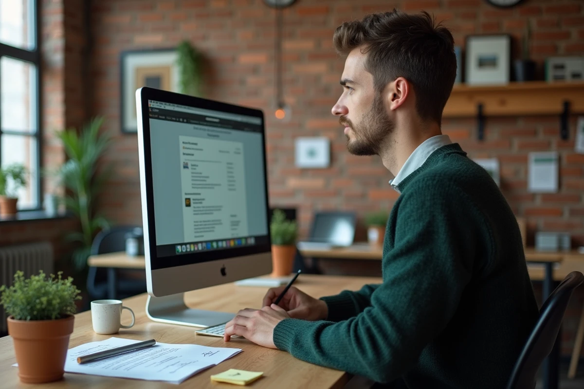 Jeune entrepreneur en startup complétant une demande de dépôt de marque en ligne sur le portail de l'INPI