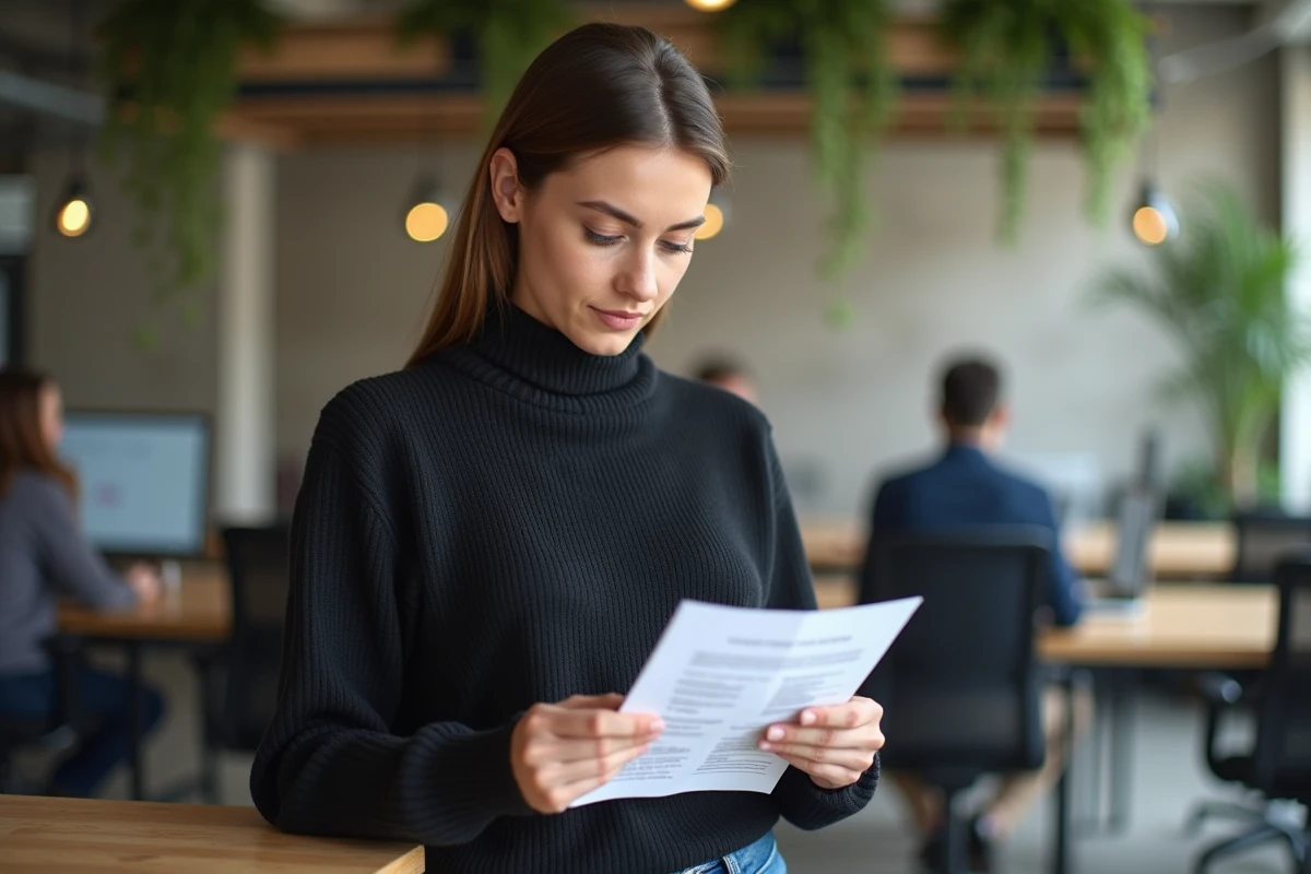 Jeune femme analysant un extrait Kbis imprimé dans un espace de coworking moderne