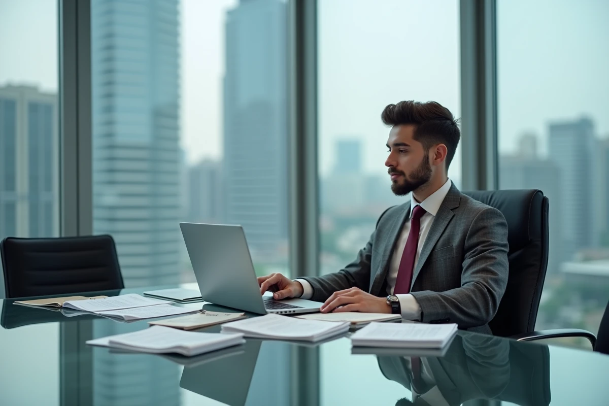 Juriste consultant une base de données de règlements administratifs dans une salle de réunion de cabinet juridique