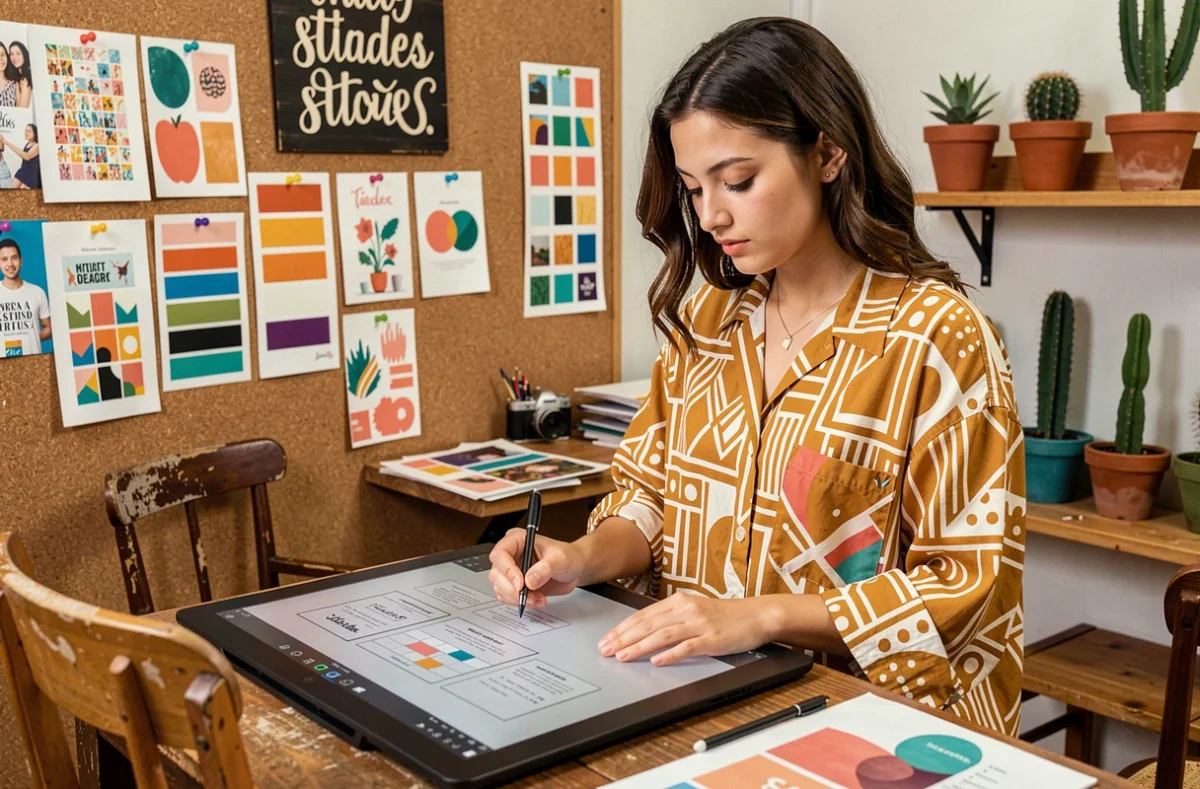 Designer de Kocka travaillant sur des concepts de sites web créatifs et personnalisés dans un studio coloré