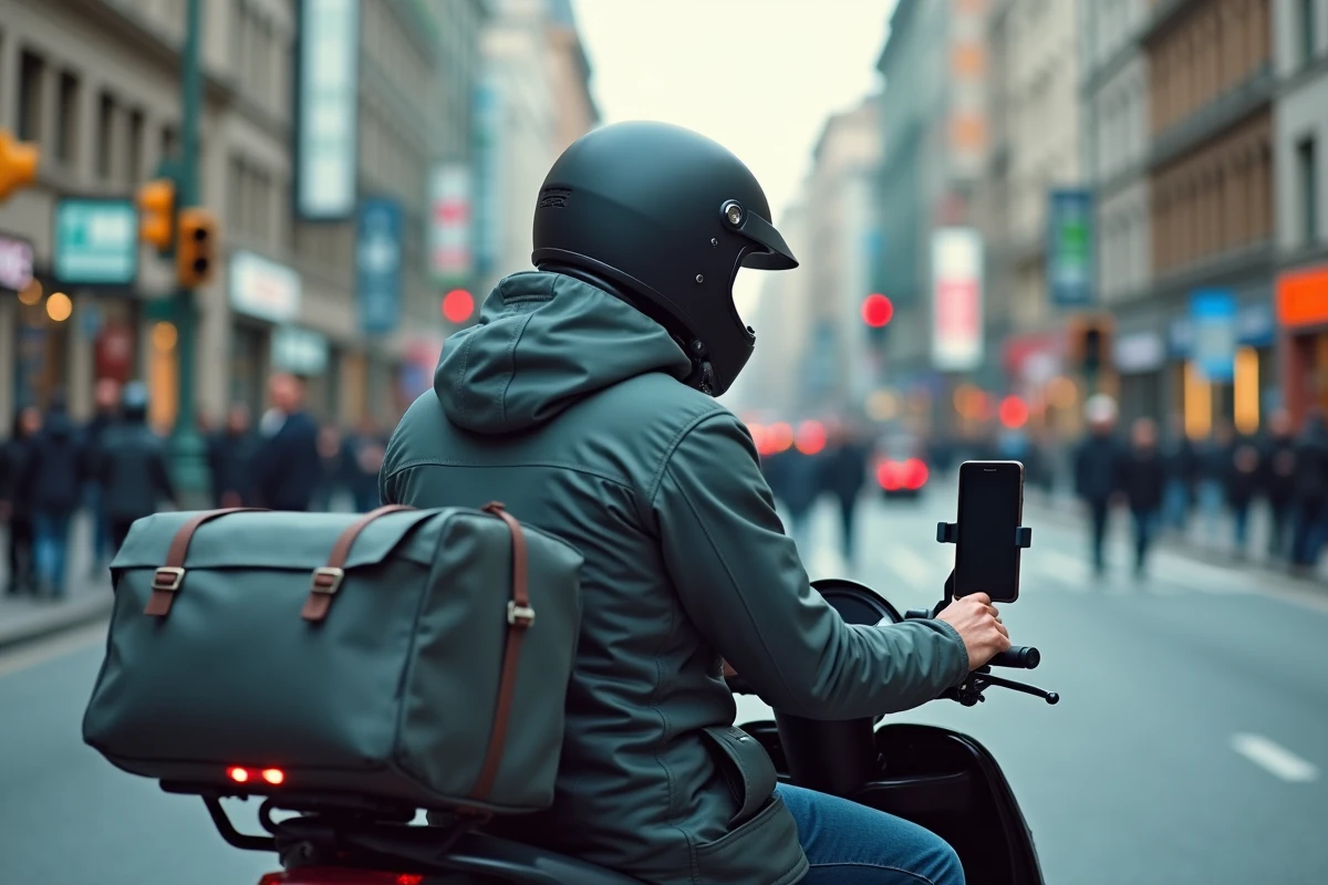 Livreur Uber Eats sur scooter à un carrefour urbain vérifiant la navigation sur son smartphone