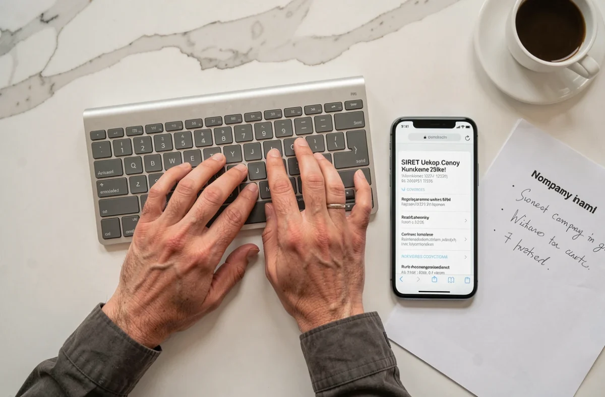 Recherche de numéro SIRET d'une entreprise sur smartphone avec clavier et notes manuscrites sur bureau minimaliste