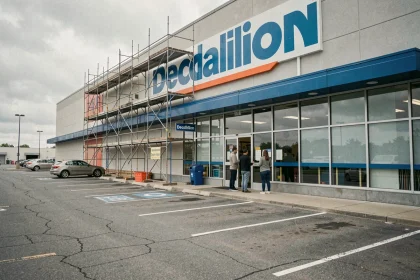 Façade d'un magasin de sport en cours de fermeture avec des passants lisant un avis affiché à l'entrée